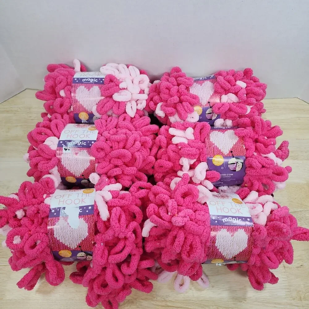 Lion Brand Off The Hook Magic Yarn Heart Pink Loop Yarn Lot of 6 Skeins Jumbo